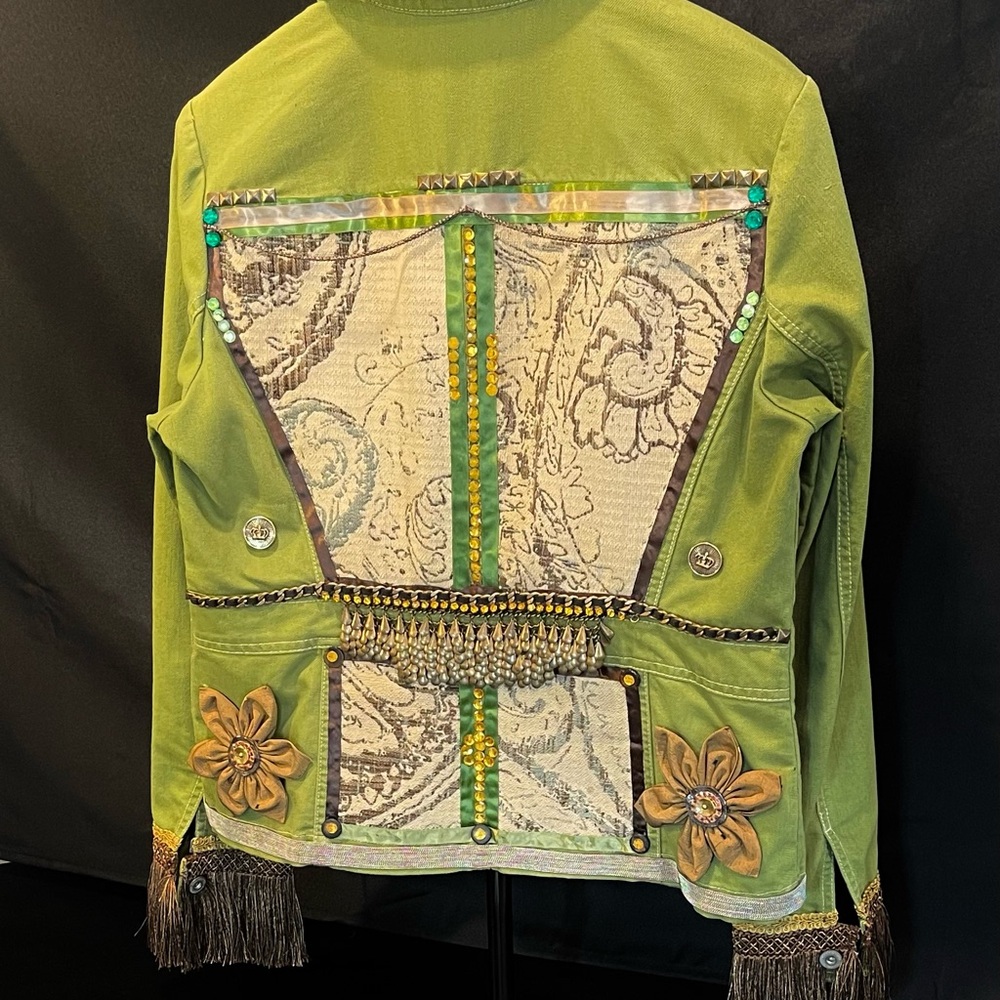 Denim Jacket Green with Bronze Accents Upcycled Women's Size M
